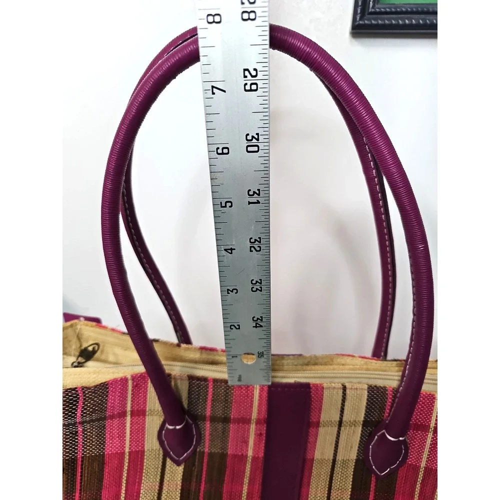 Handmade Woven Raffia Tote Bag Purple Faux Leather Straps Striped Boho Summer